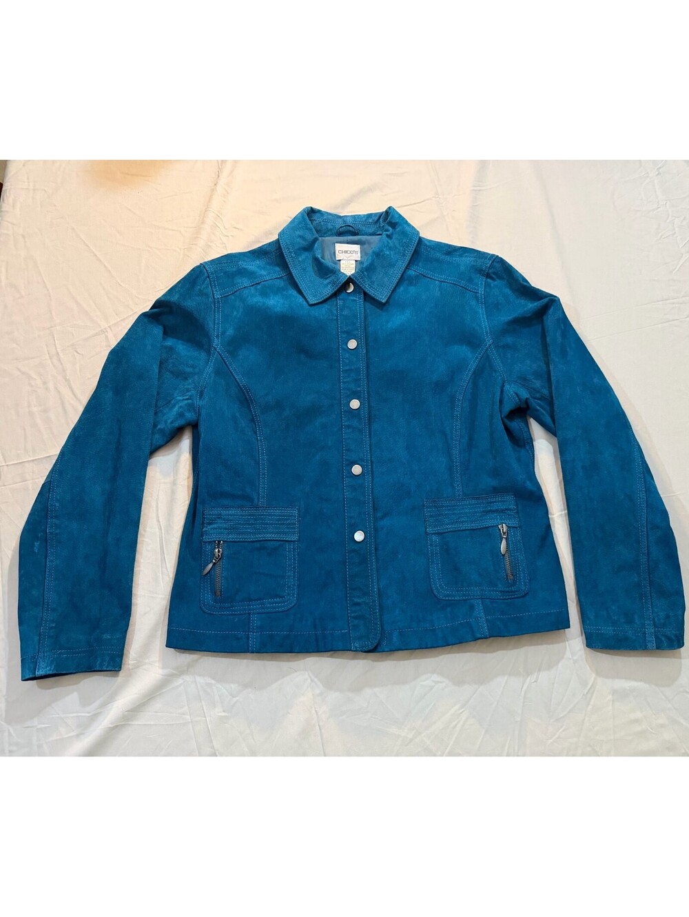 Chico’s Teal Suede Leather Jacket Women’s Size 2 Large Snap Front Y2K